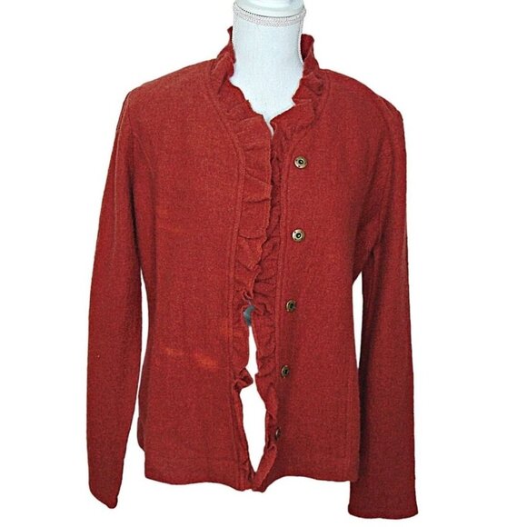 Evan-Picone 100% Wool Snap Button Cardigan Sweater Burnt Orange Ruffle Collar Sm - Picture 1 of 11
